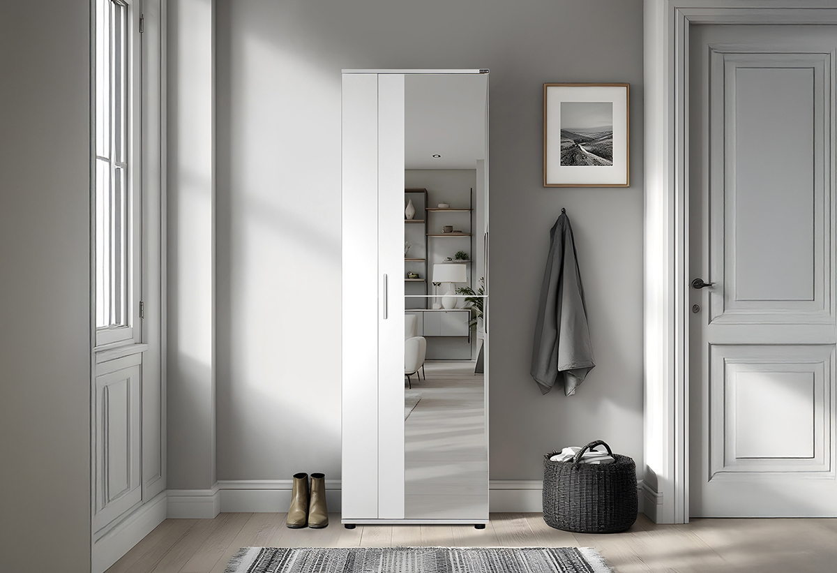 Απεικονίζεται η παπουτσοθήκη στην είσοδο ενός σπιτιού.